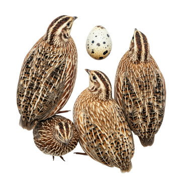 A flat lay of adult common quails with patterned brown feathers and one speckled egg on a transparent background with clear details minimalist nature concept