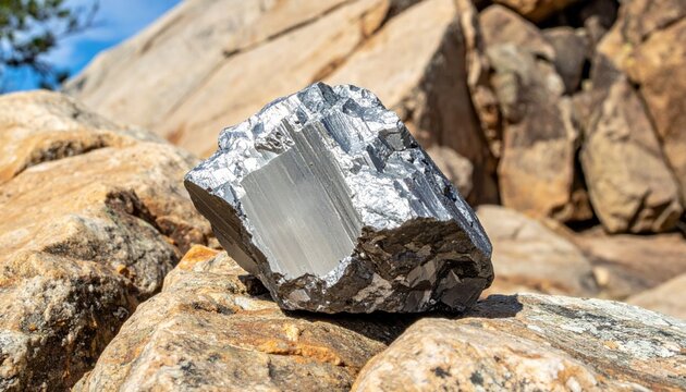 Pristine chunk of unrefined zinc ore with a rough texture and dull metallic sheen resting on natural rocks.