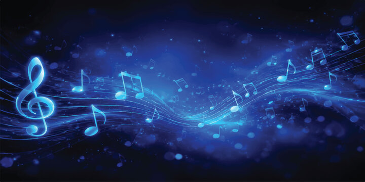 Blue abstract music notes background with glowing effects
