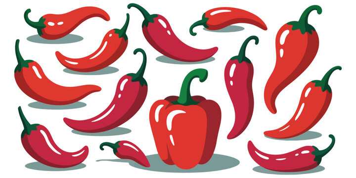 Red Chili Peppers and Bell Pepper Illustration Featuring Stylized Spicy Vegetables in Various Shapes and Sizes for Food Design Concepts