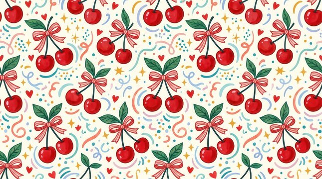Seamless pattern of red cherries with pink bows, green leaves, hearts, stars, and confetti