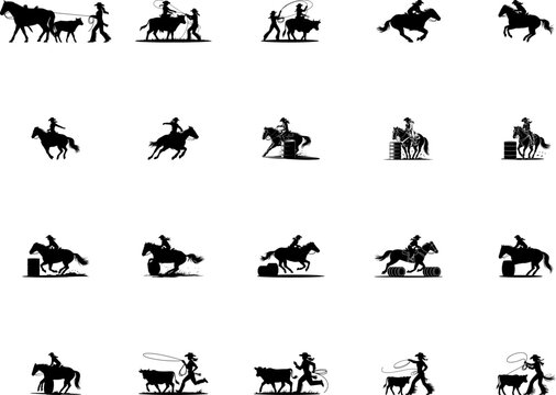  Black silhouettes of cowboys riding horses and roping cattle in various western ranching scenes 