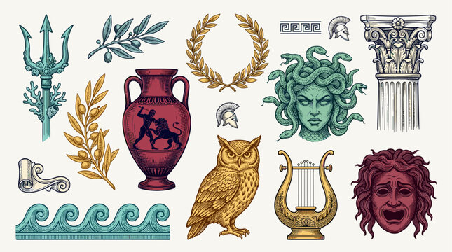 Vibrant Collection of Ancient Motifs: Column Lyre Owl Tridents and Decorative Elements