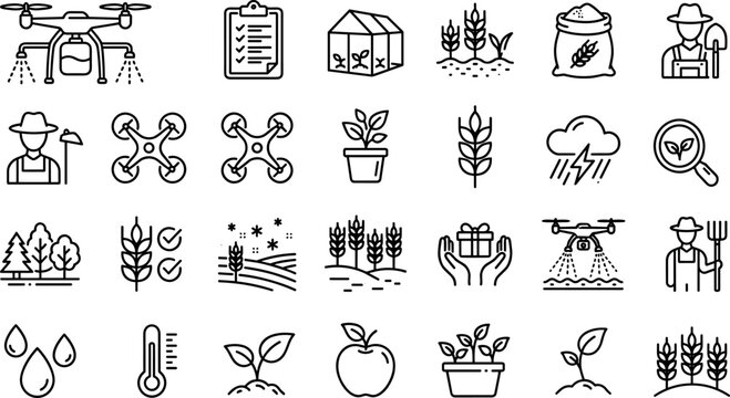 Smart Farming and Smart Agriculture Icon Set with Agricultural Drones Greenhouse Crops Farmers Weather and Cultivation Symbols in Outline Line Art Style Vector Illustration