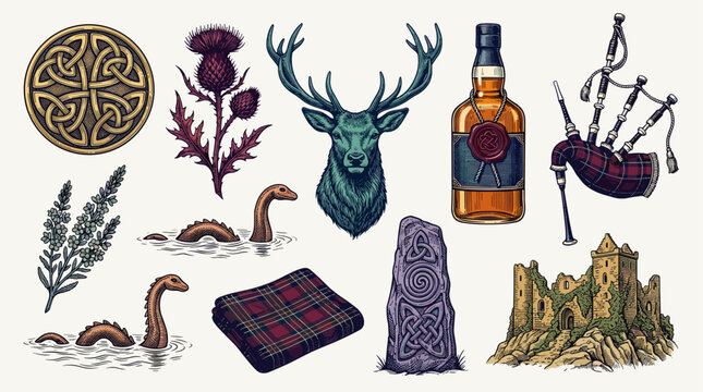 Collection of Traditional Cultural Symbols and Elements in Vintage Engraved Style Illustration