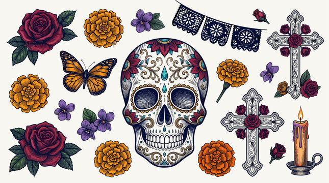 Vibrant Day of the Dead Symbols: Sugar Skulls Butterflies and Floral Decorations