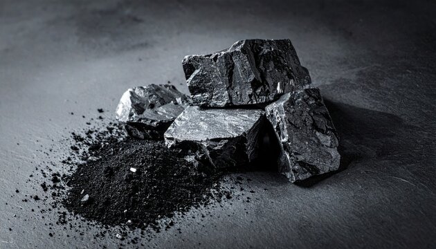 Rough graphite chunks and fine carbon powder artfully arranged on a textured slate grey surface