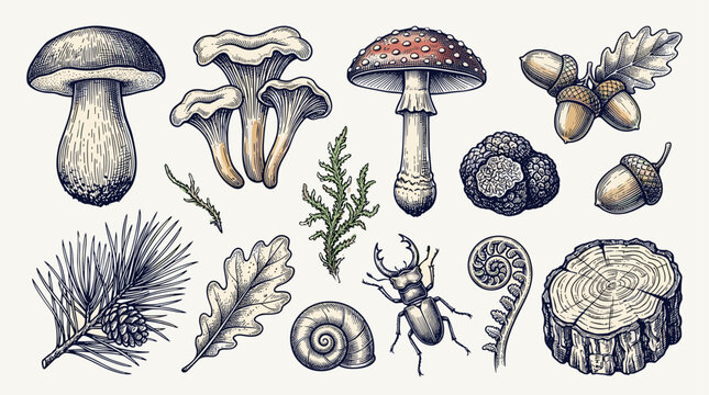 Forest Elements Assortment: Vintage Hand-Drawn Engraving of Nature's Autumn Treasures and Woodland Life