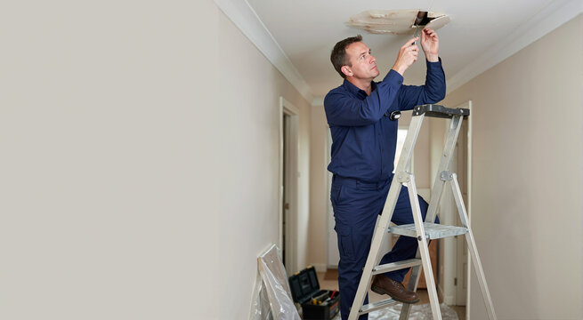Male plumber fixing wet ceiling damage in hallway. Professional worker standing on stepladder repairing water leak hole in drywall. Home maintenance and property repair concept