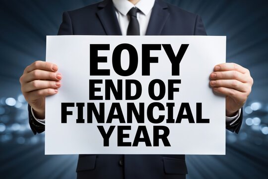 Executive showing eofy end of financial year on paper