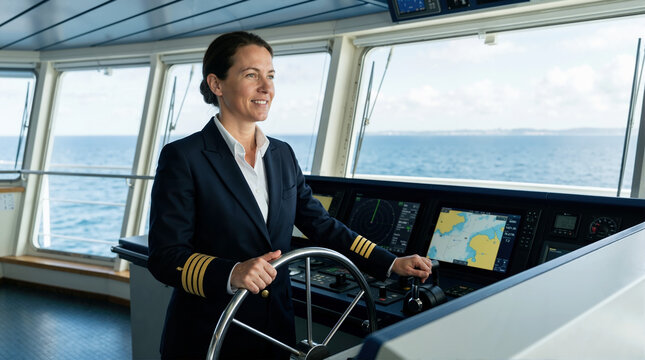 Female ship captain steering a vessel on the bridge. Smiling woman in navy uniform navigating a ship at sea. Maritime leadership and transportation