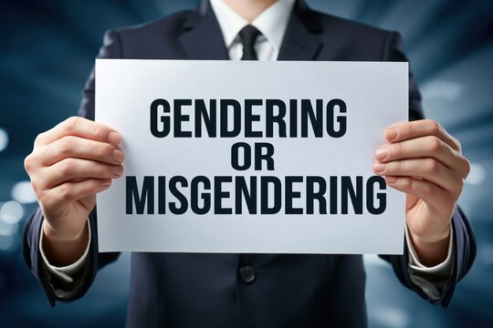 Businessman holding a sign discussing gendering or misgendering