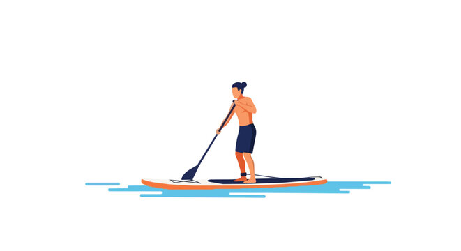 Man practicing stand up paddleboarding on blue water, male athlete with paddle enjoying outdoor summer activity, flat design illustration