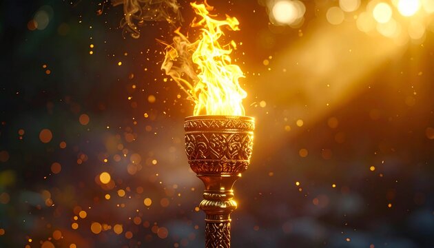 Mystical ceremonial fire torch with golden bokeh lights in dark background for Inti Raymi day