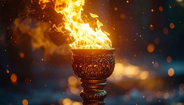 Sacred Inca sun festival torch with bright burning fire and sparks for Inti Raymi celebration