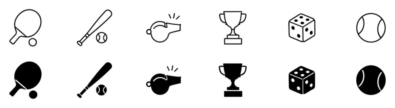 Set of sport and game icons including ping pong paddle, baseball bat and ball, whistle, trophy, dice, and tennis ball in line and solid style on transparent background