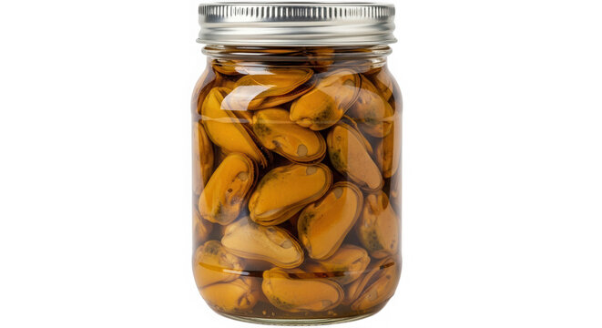Glass jar filled with pickled mussels in oil isolated on transparent background