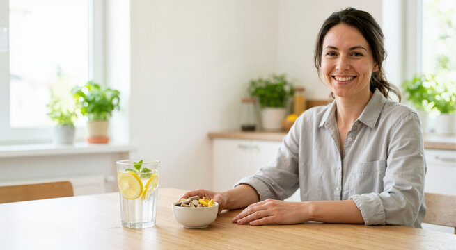 Smiling young woman with dietary supplements and lemon water in a bright kitchen. Female sitting at a wooden table with a bowl of vitamin capsules. Daily health routine concept