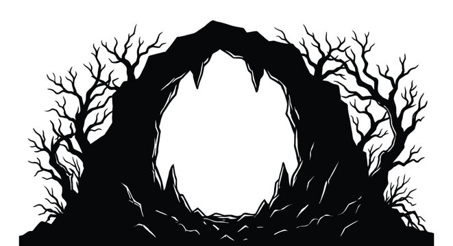Silhouette of a spooky cave entrance with dead trees isolated on white background