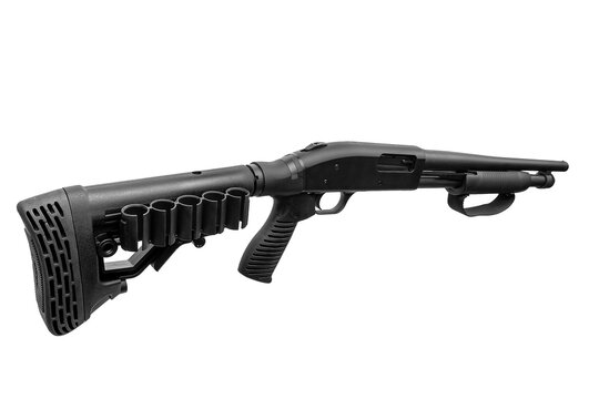 Tactical pump-action black shotgun with shell holder on stock isolated on white back
