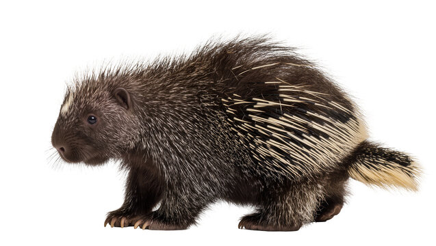 North American porcupine with sharp quills, isolated on transparent background
