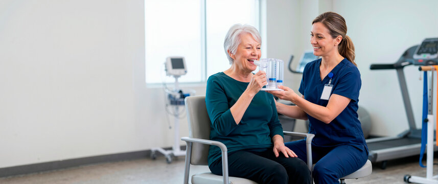 Nurse assisting an elderly woman with an incentive spirometer. Senior patient doing respiratory therapy in a rehabilitation clinic. Healthcare and COPD treatment concept