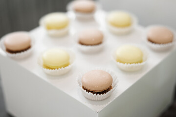 Obraz premium Assortment of fresh French macarons in pastel yellow and beige arranged on a white stand