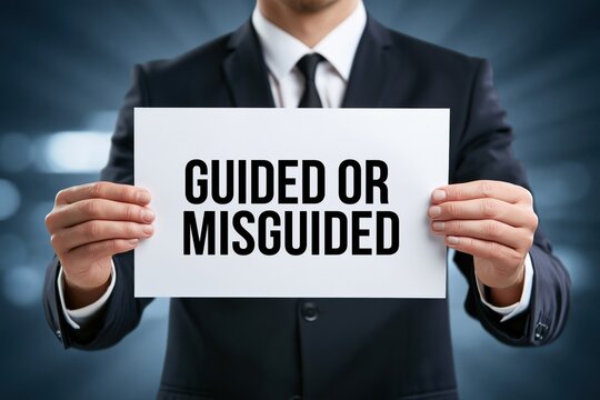 Businessman holding a white paper displaying guided or misguided