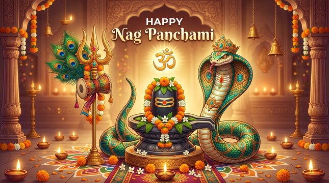 Image is a digital illustration with a festive and spiritual theme, celebrating Nag Panchami. The layout is symmetrical, featuring a large, intricately designed cobra with a crown, coiled around a Shi