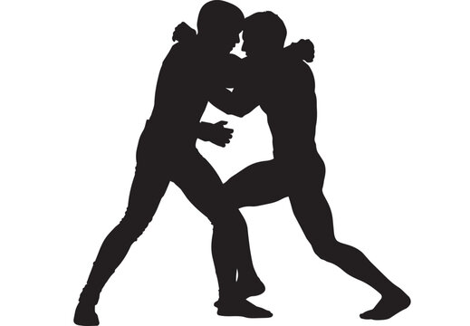  Silhouette of two people engaged in a wrestling match athletes in motion competitive sports action