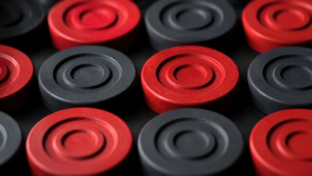 Close up view of red and black checkers on chessboard strategy board game pieces.