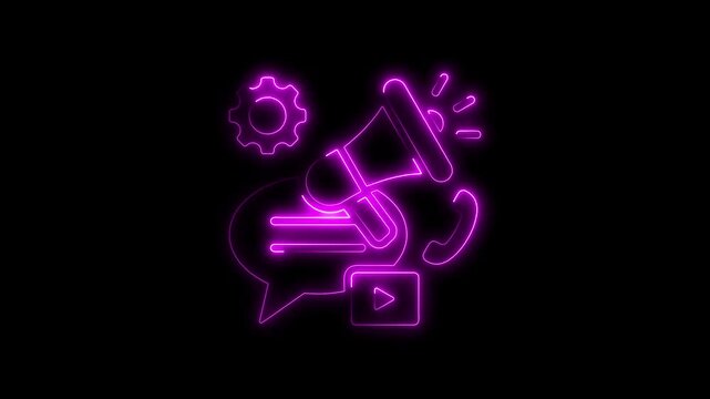 Neon Purple Megaphone with Speech Bubble Play Button and Gear on Black Background for Marketing and Communication Concepts