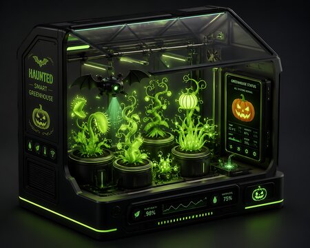 Futuristic haunted smart greenhouse with glowing neon green alien plants and halloween pumpkin for spooky concept