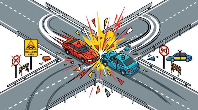 Car Crash at Intersection: Two Cars Collide at Busy Road Junction