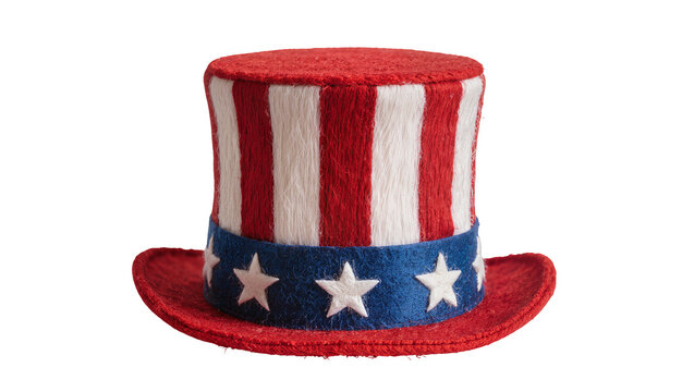 Uncle Sam hat with red and white stripes and blue band with stars, isolated on transparent background