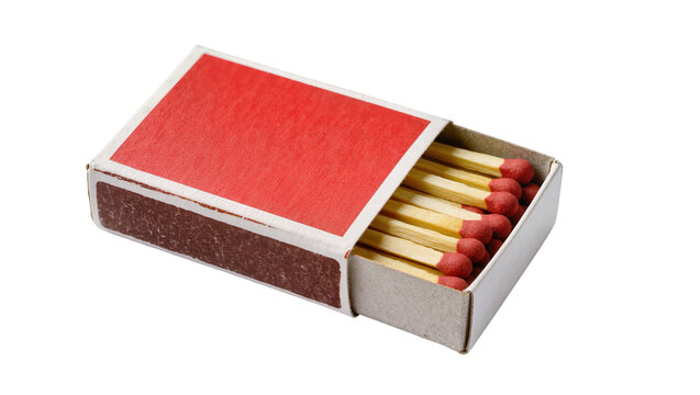 Red and brown matchbox with yellow matches and red tips, isolated on transparent background