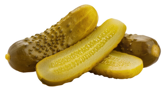 Dill pickles whole and sliced with bumpy texture, isolated on transparent background