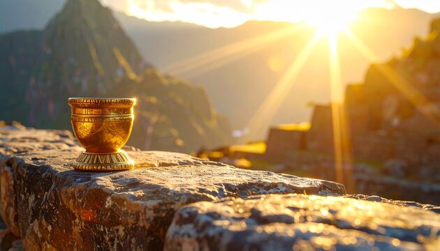 Inti Raymi holiday theme featuring an authentic golden ceremonial relic on weathered historic stones