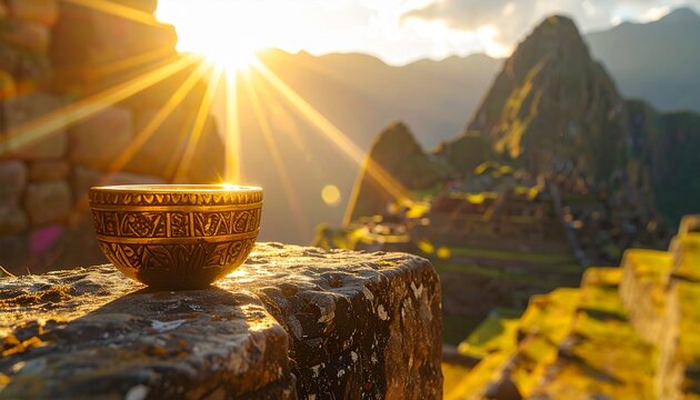 Close up of a golden ceremonial artifact on ancient stone architecture inspired by Inti Raymi festival