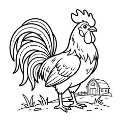 Hand drawn rooster illustration in a rustic farm setting with illustration coloring agriculture livestock domestic cockerel monochrome © Rayna
