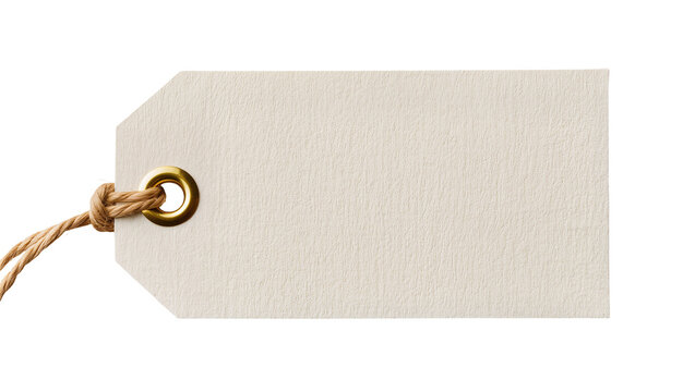 Blank beige paper tag with brass grommet and jute twine, isolated on transparent background
