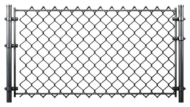 Dark grey metal chain link fence with diamond pattern, isolated on transparent background