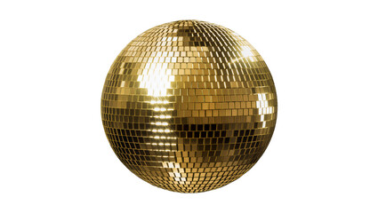 Golden disco ball with reflective square mirrors, isolated on transparent background