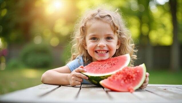 Happy little girl eating juicy watermelon slices outdoors in summer garden. Smiling child enjoying fresh fruit, healthy snack and sunny day, bright lifestyle scene with natural light and cheerful mood