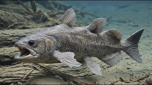Giant coelacanth (Mawsonia) prehistoric fish, Cretaceous period, accurate representation, thick scales lobed fins