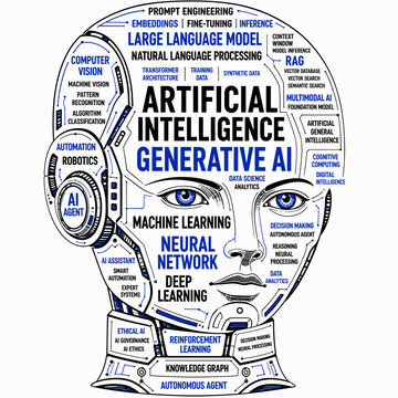 Artificial intelligence keyword cloud forming a humanoid robot face with advanced AI concepts. Vision of machine intelligence, neural computing and future innovation.