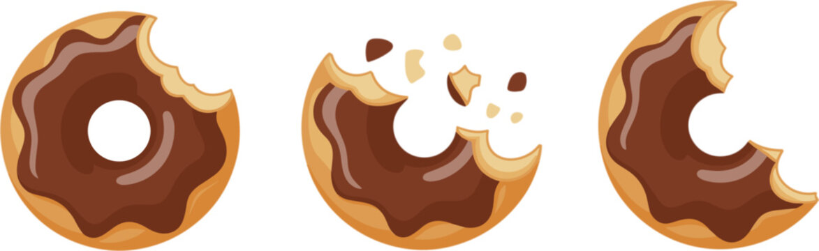 Chocolate Donut with Bite Marks Collection Set, Sweet Dessert Pastry Snack Vector Illustration Design