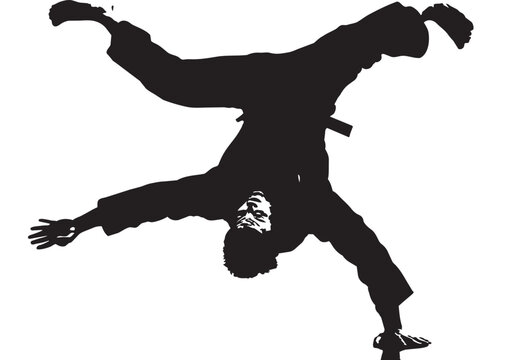 Man in martial arts uniform performing breakdancing move on white background dynamic acrobatic flip
