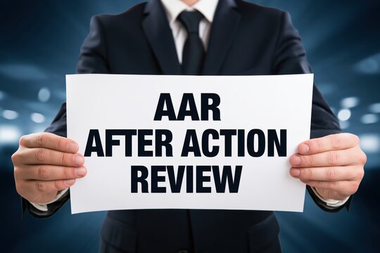 Businessman showing a paper sign with aar after action review
