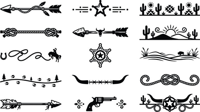 Western themed silhouette icons including arrows guns and cowboy accessories silhouette